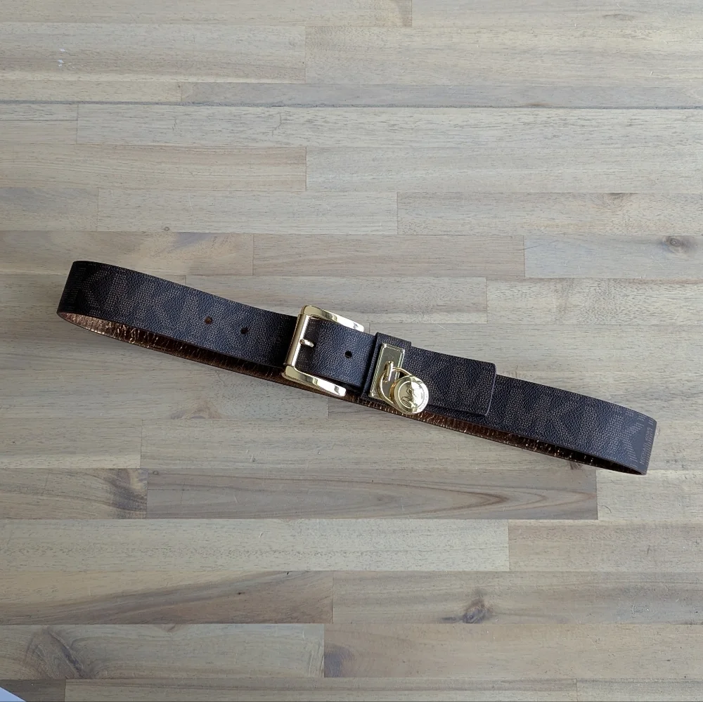 Michael Kors‎ Women's MK Signature Hamilton Lock Monogram Belt Chocolate